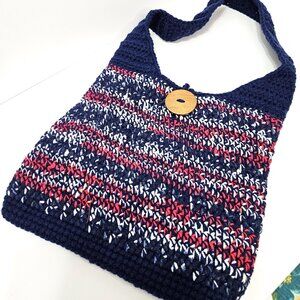Crochet Tote in Blue White and Red with Large Wood Button